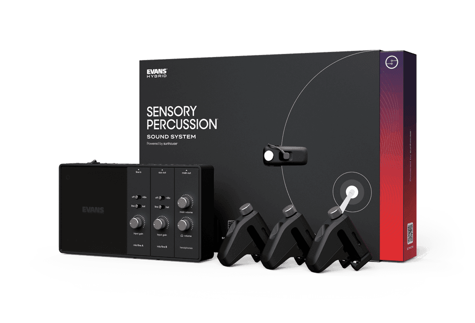 An image of the Sensory Percussion Sound System bundle with Portal Interface and 3 Drum Sensors
