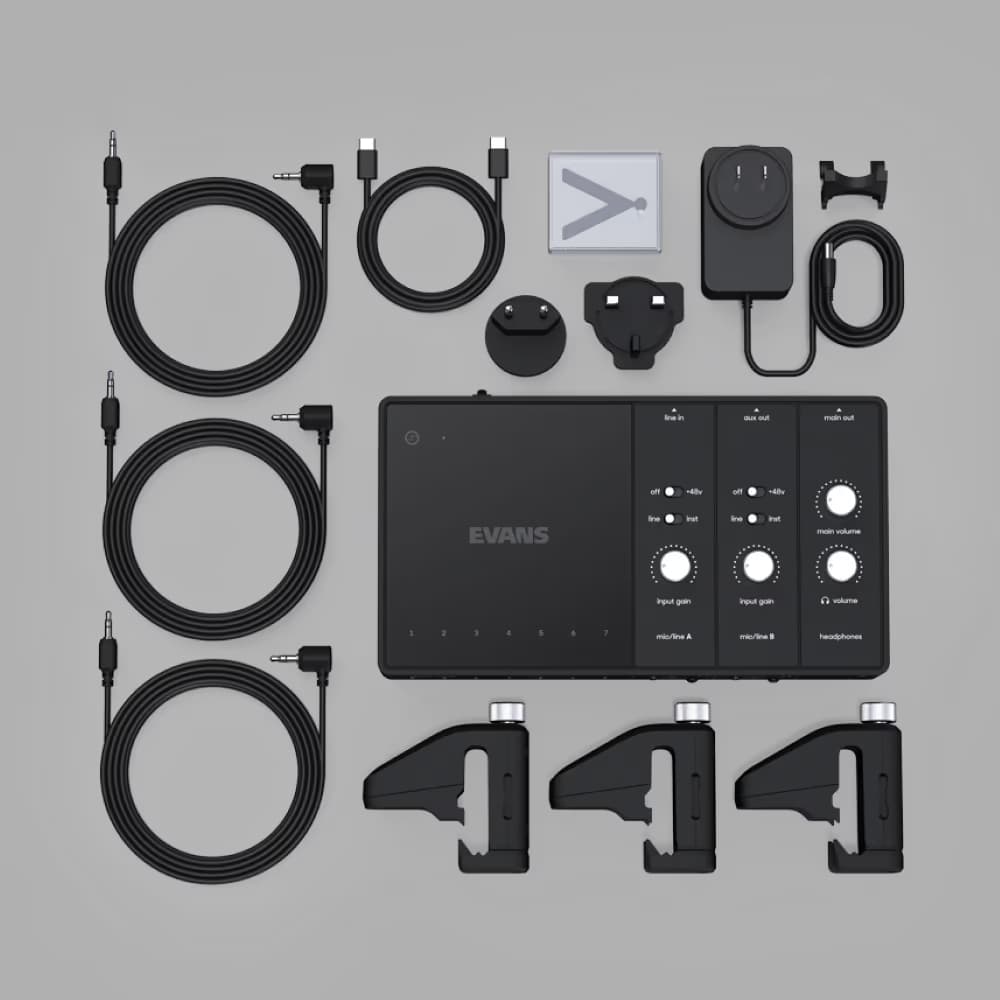 A top down view of all the components of Sensory Percussion