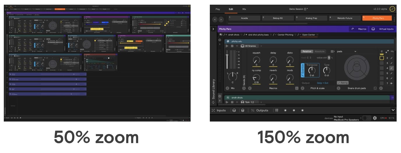 A screenshot showing the same set at two different zoom levels: one at 50% and one at 150%
