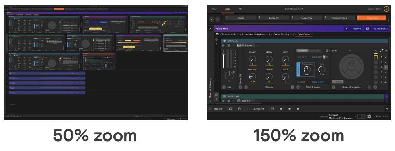 A screenshot showing the same set at two different zoom levels: one at 50% and one at 150%