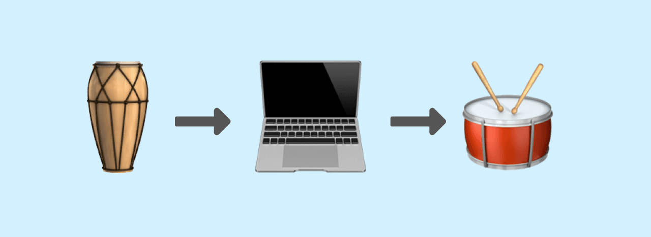 A graphic with a conga pointing to a laptop pointing to snare drum