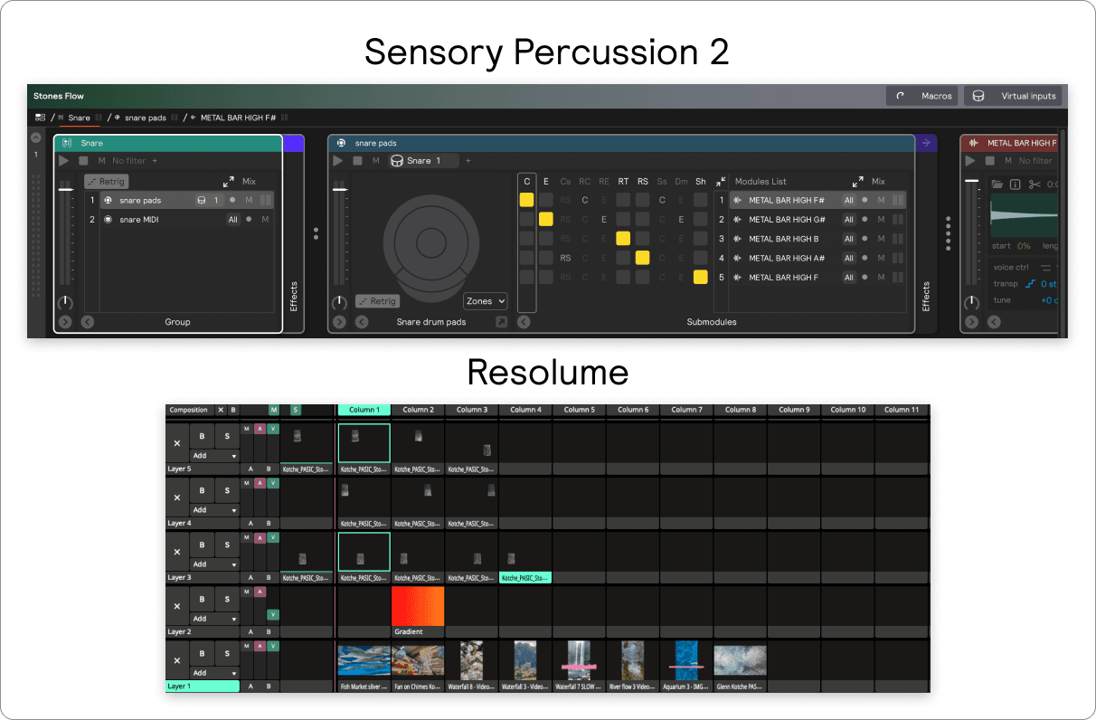 A screenshot showing the Sensory Percussion 2 and Resolume settings used for Stones Flow.