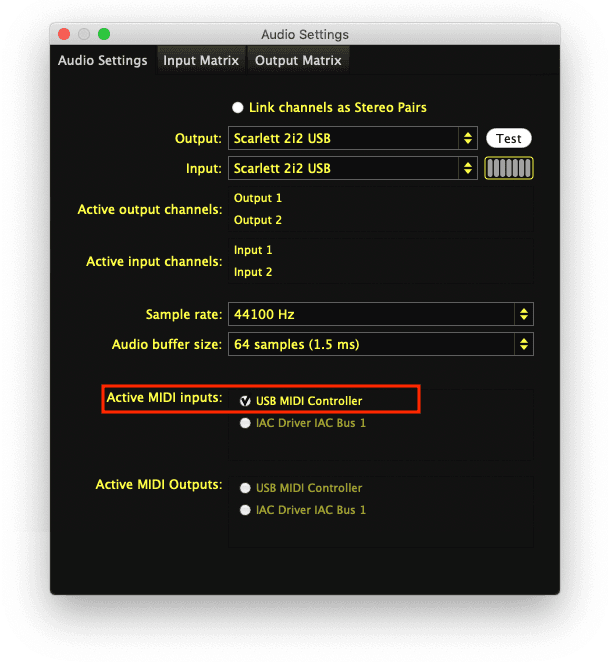 Screenshot image of the I/O panel in Sensory Percussion. The Active MIDI input, labelled _USB MIDI Controller* is highlighted