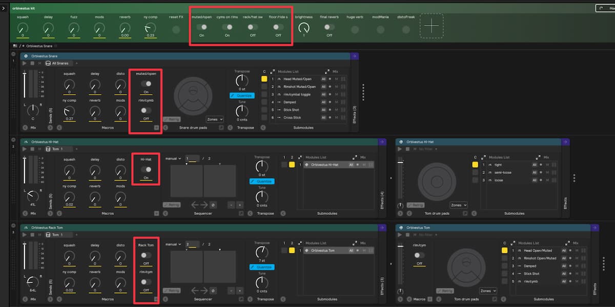 A screenshot of the Sensory Percussion 2 software showing the macro options in one of the sets