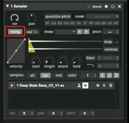 A sampler loaded with one tonal sample with the retrig parameter highlighted.