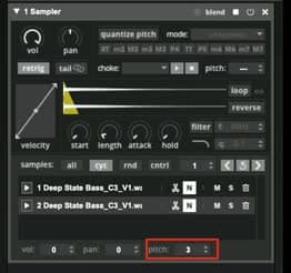 The changed root note of the pasted sample is highlighted and changed to 3.