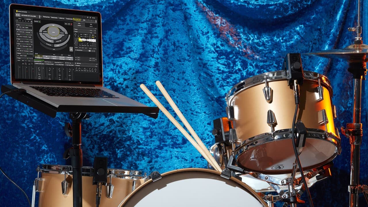A photo of a drumset with Sensory Percussion