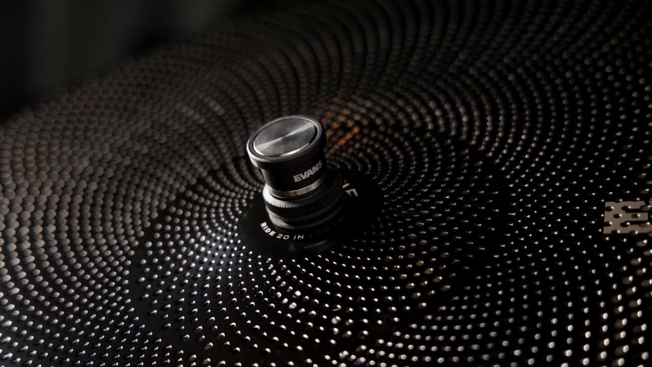 A close-up photo of the EVANS Hybrid cymbal sensor on a cymbal