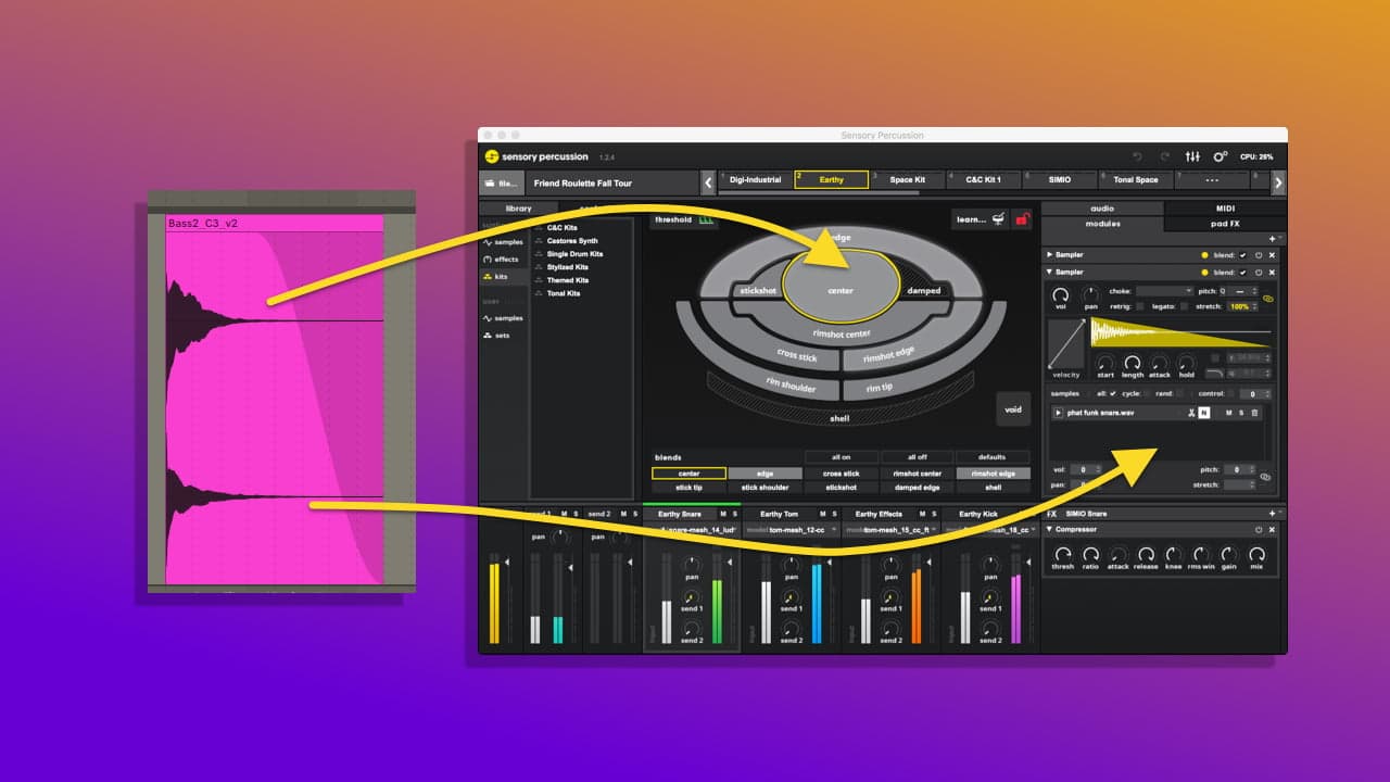 A screenshot of a waveform with arrows pointing to a screenshot of Sensory Percussion