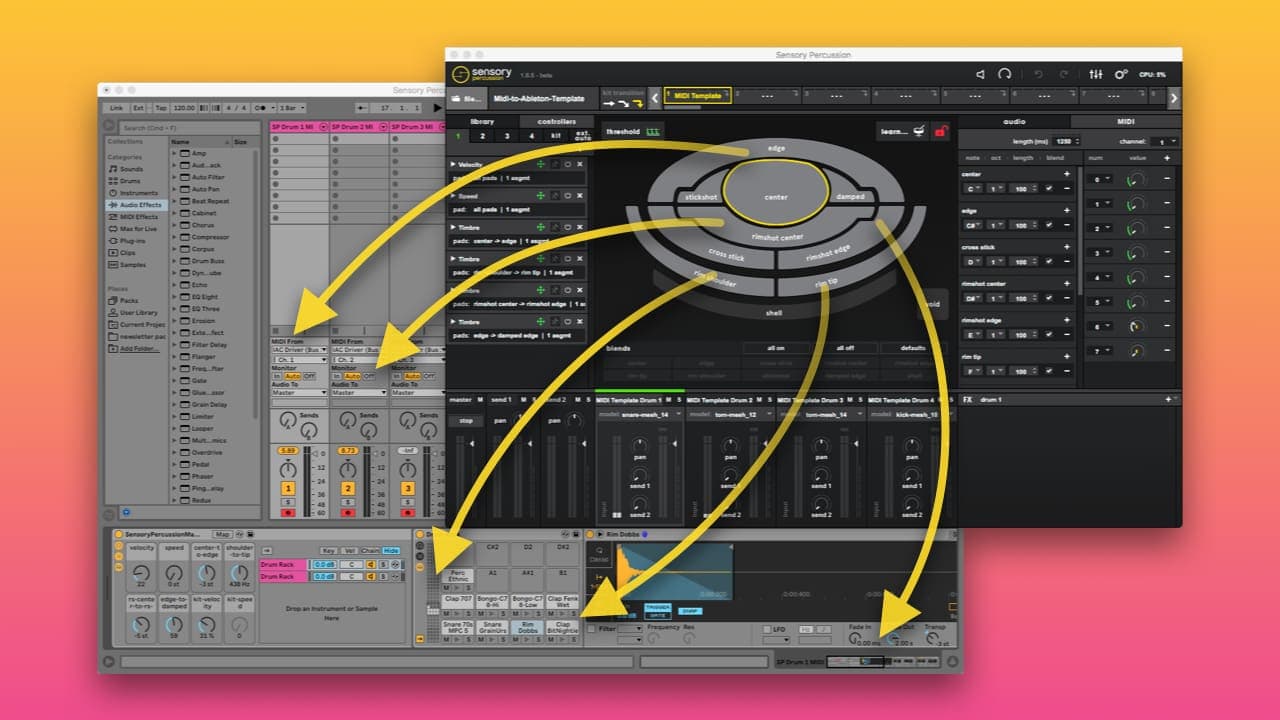 A screenshot of Sensory Percussion and Ableton Live