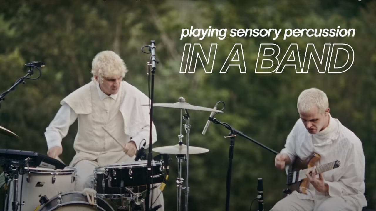 A photo of Ben Sloan using Sensory Percussion on the left and a guitar player on the right, performing against a backdrop of trees as a part of Moses Sumney's band.
