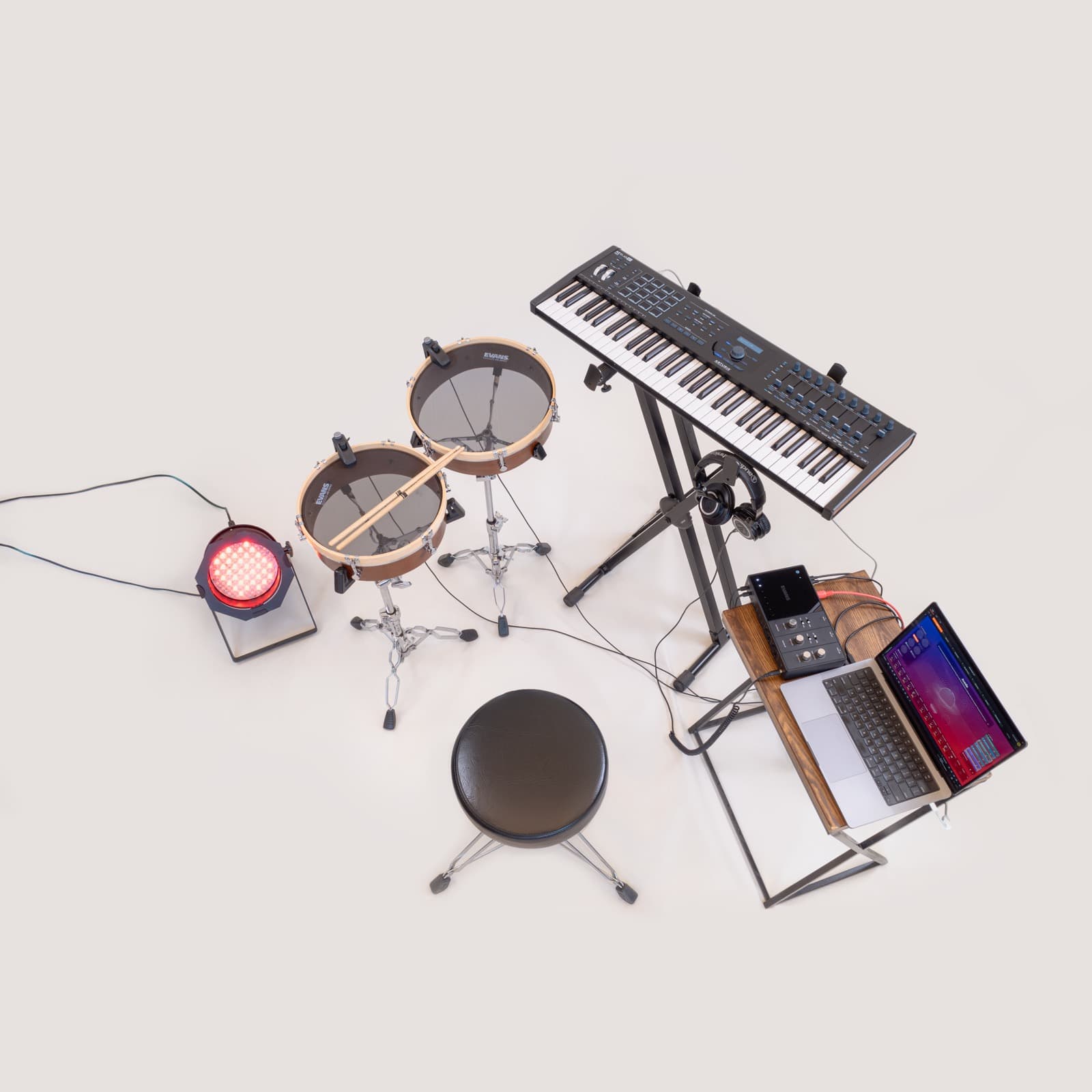 A top down view of a drum set outfitted with Sensory Percussion