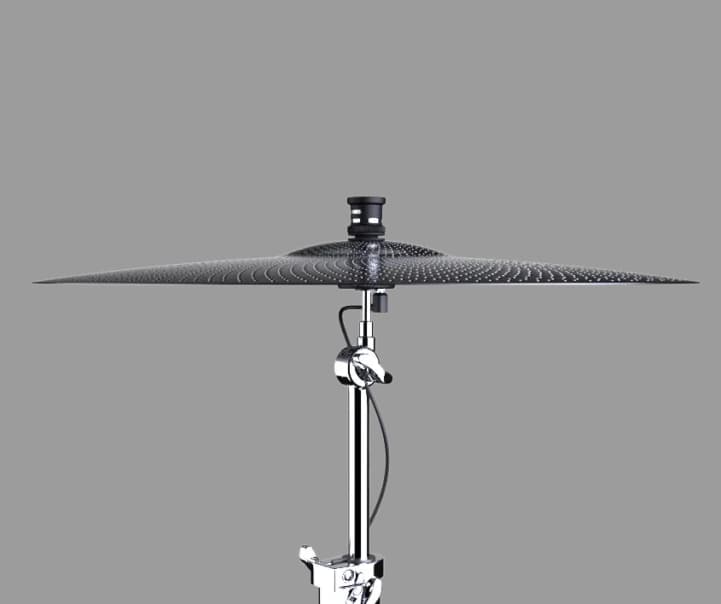 A side view of the cymbal sensor mounted on a low volume cymbal