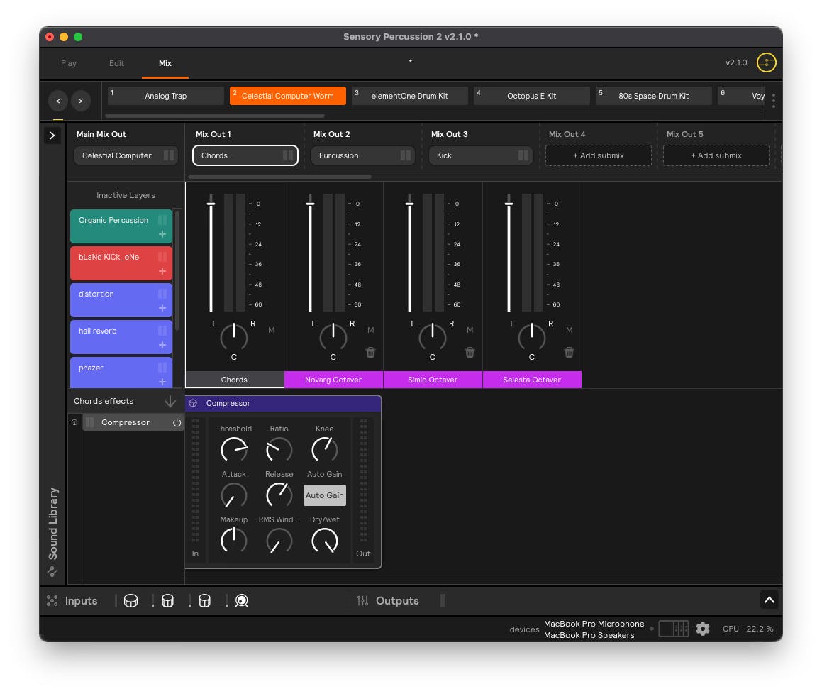 A screenshot of the Sensory Percussion software showing the new submixes feature