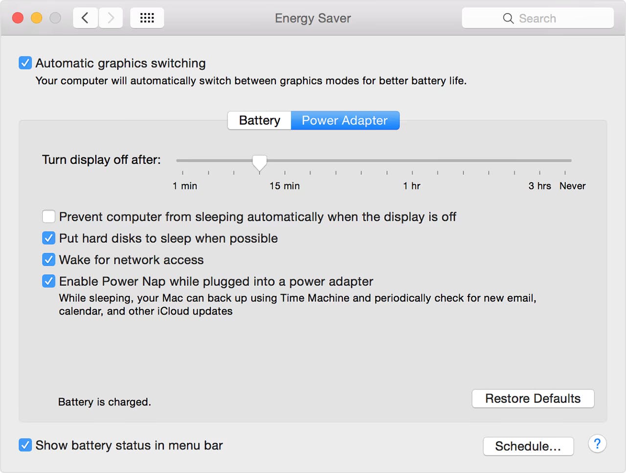 A screenshot of the Energy Settings panel in OSX