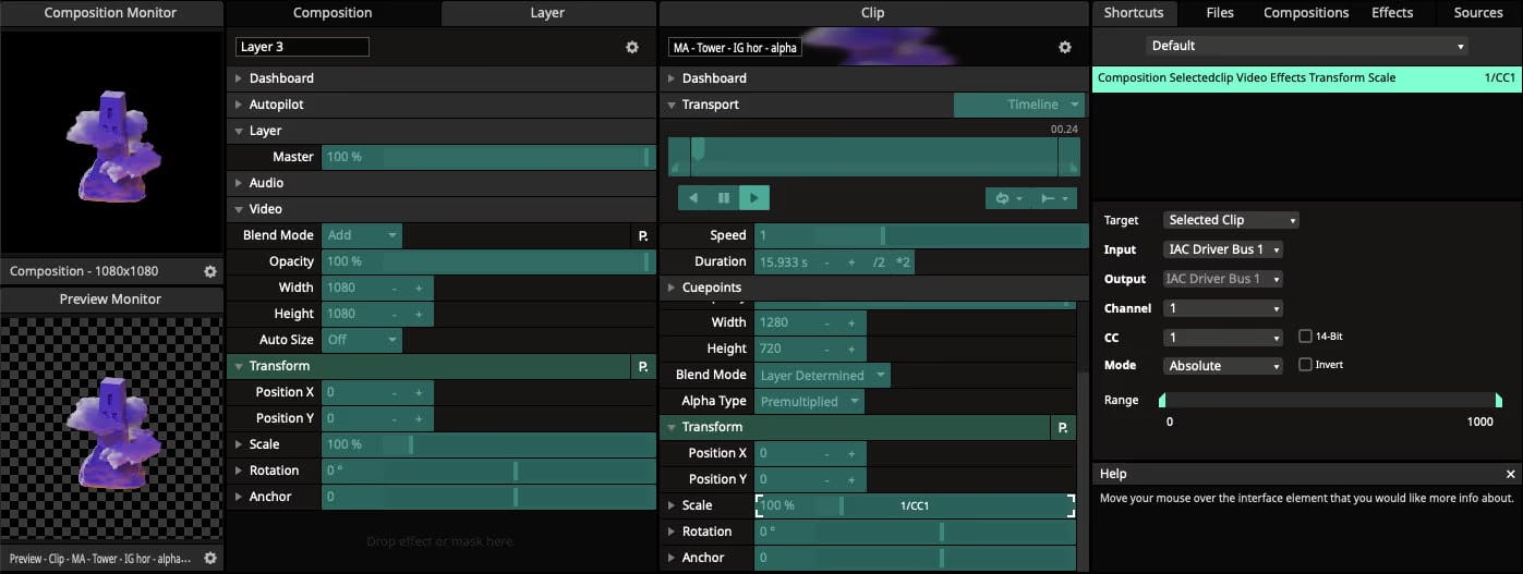 A screenshot of Resolume in MIDI-mapping mode with the scale parameter assigned to CC1