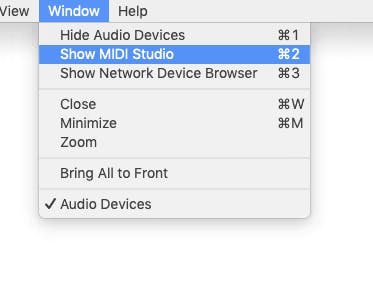 a screenshot of the top menu, displaying Show MIDI Studio after Window has been selected