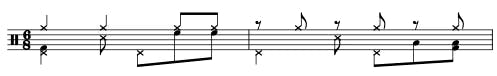 A score showing the bembé groove adapted for drumset.