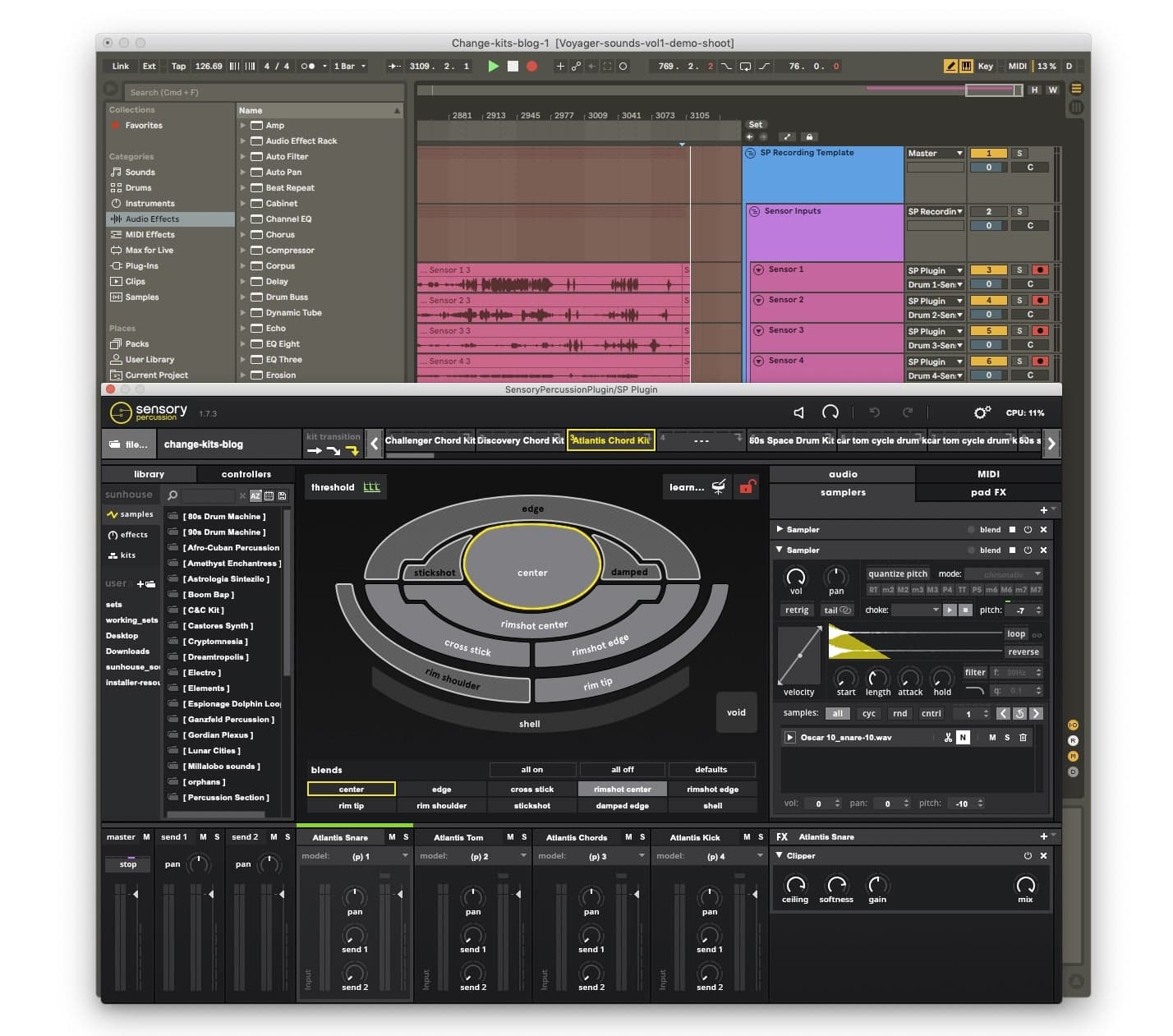 A screenshot of channels in Ableton. Just the raw audio from Sensory Percussion is recording