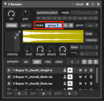 A Sensory Percussion sampler is shown. The text box next to 'choke' in the sampler is selected and 'group 1' has been typed in the text box.
