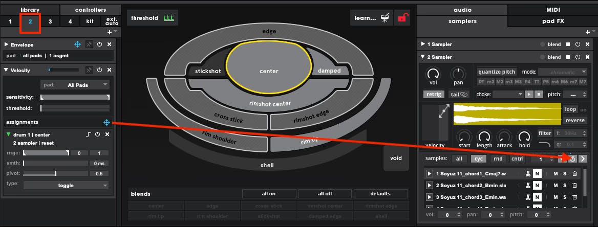 The full Sensory Percussion software is shown. A velocity controller from Drum2 has been assigned to the 'reset' button of the cycled sampler. An arrow points from the controller to the controlled parameter.
