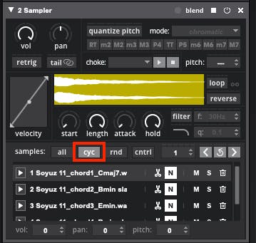 Chord audio files in a Sensory Percussion sampler set to 'cycle', with the 'all' parameter crossed out, and the 'cycle' parameter highlighted.