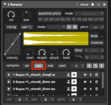 Chord audio files in a Sensory Percussion sampler set to 'cycle', with the 'all' parameter crossed out, and the 'cycle' parameter highlighted.
