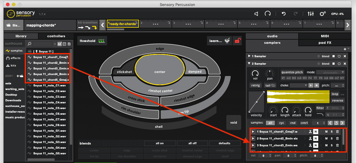A list of chords in the Sunhouse Library with an arrow pointing to the sampler across the screen that they have been dragged into.