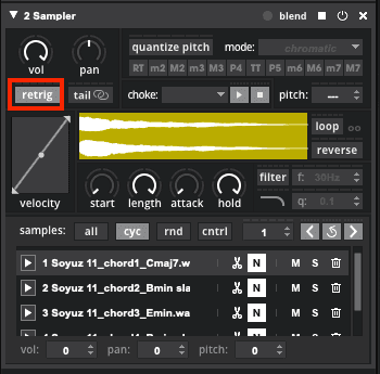 The same sampler as the images above, but with 'retrig' selected and highlighted.