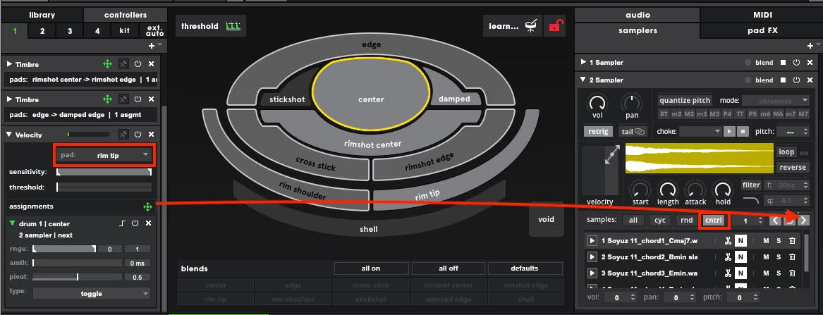 The full Sensory Percussion software is shown. A rim tip velocity controller is assigned to the 'next' button of the chord sampler. An arrow points from the controller to the controlled parameter.