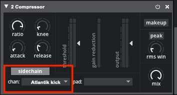 A Sensory Percussion compressor effect set to sidechain the chords to the kick. The 'chan' triggering the sidechain of the compressor is the kick and that part of the software is highlighted.