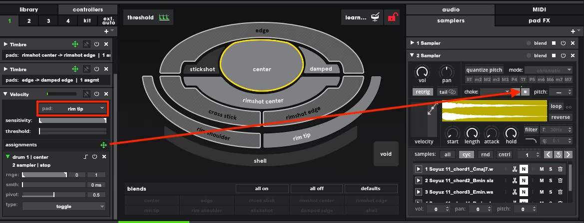 The full Sensory Percussion software is shown. A 'rim tip' velocity controller has been assigned to the sampler's 'stop button' an arrow points from the controller to the assignment.