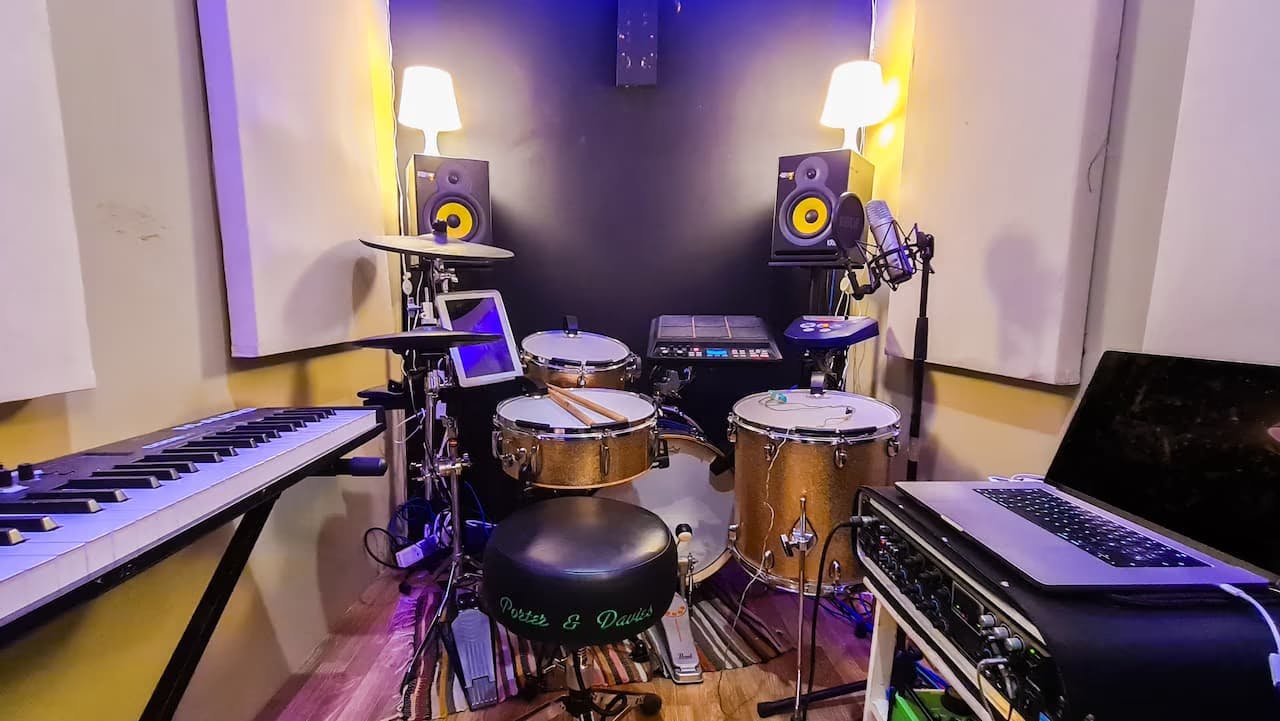 A photo of Chordsplitter's studio, showing his drums with Sensory Percussion sensors.