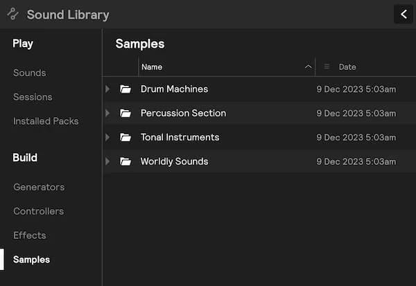 A screenshot of the Library panel showing the Samples section