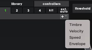 A screenshot of the controller panel in Sensory Percussion with the 4 controller types listed