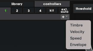 A screenshot of the controller panel in Sensory Percussion with the 4 controller types listed