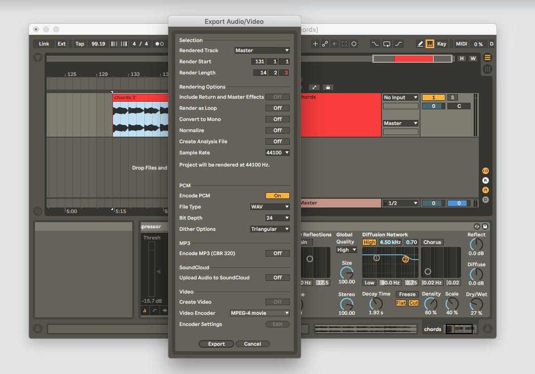 a screenshot of the export options in Ableton