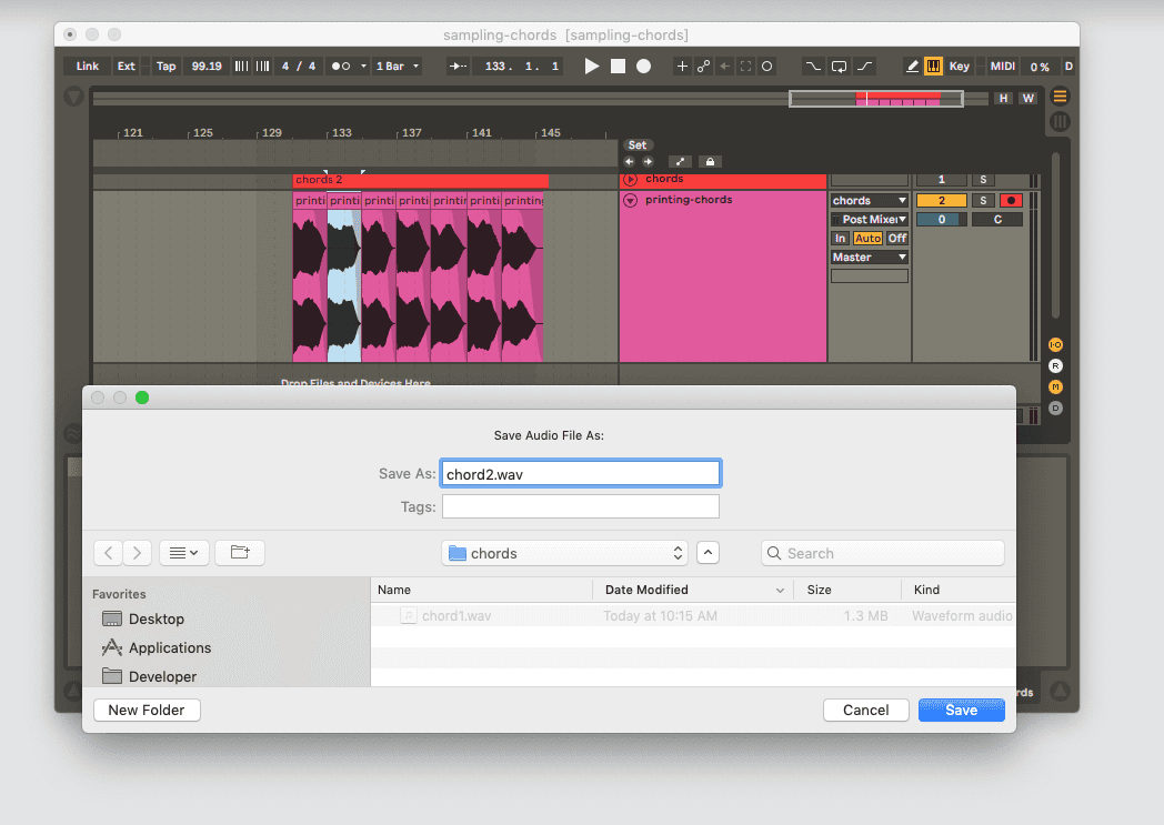 a screenshot of the naming and file-directory window for exporting samples in Ableton