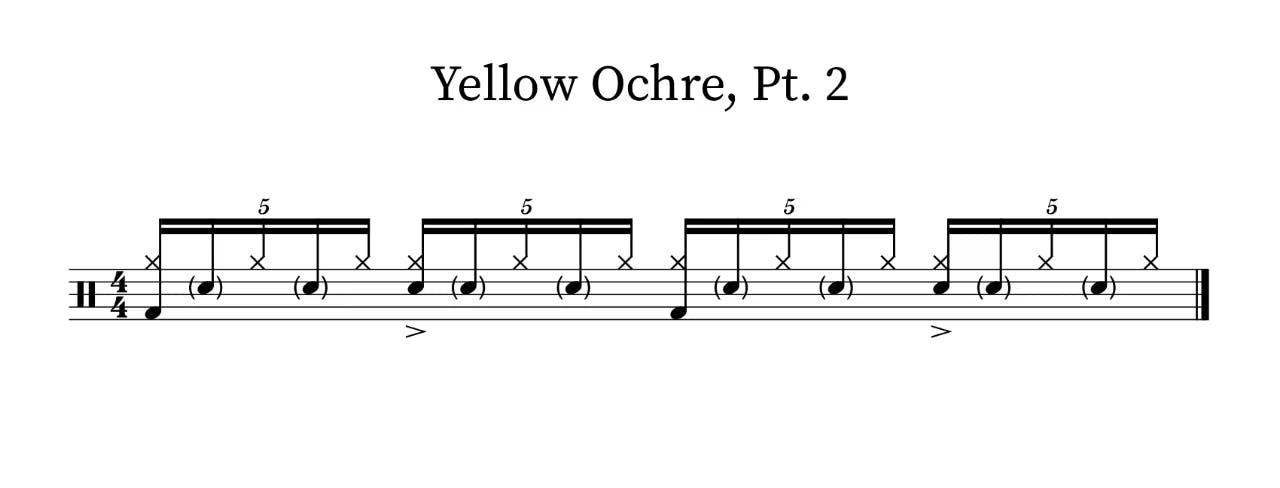 Score notation for the drum part of 'Yellow Ochre, Pt. 2' by Vels Trio