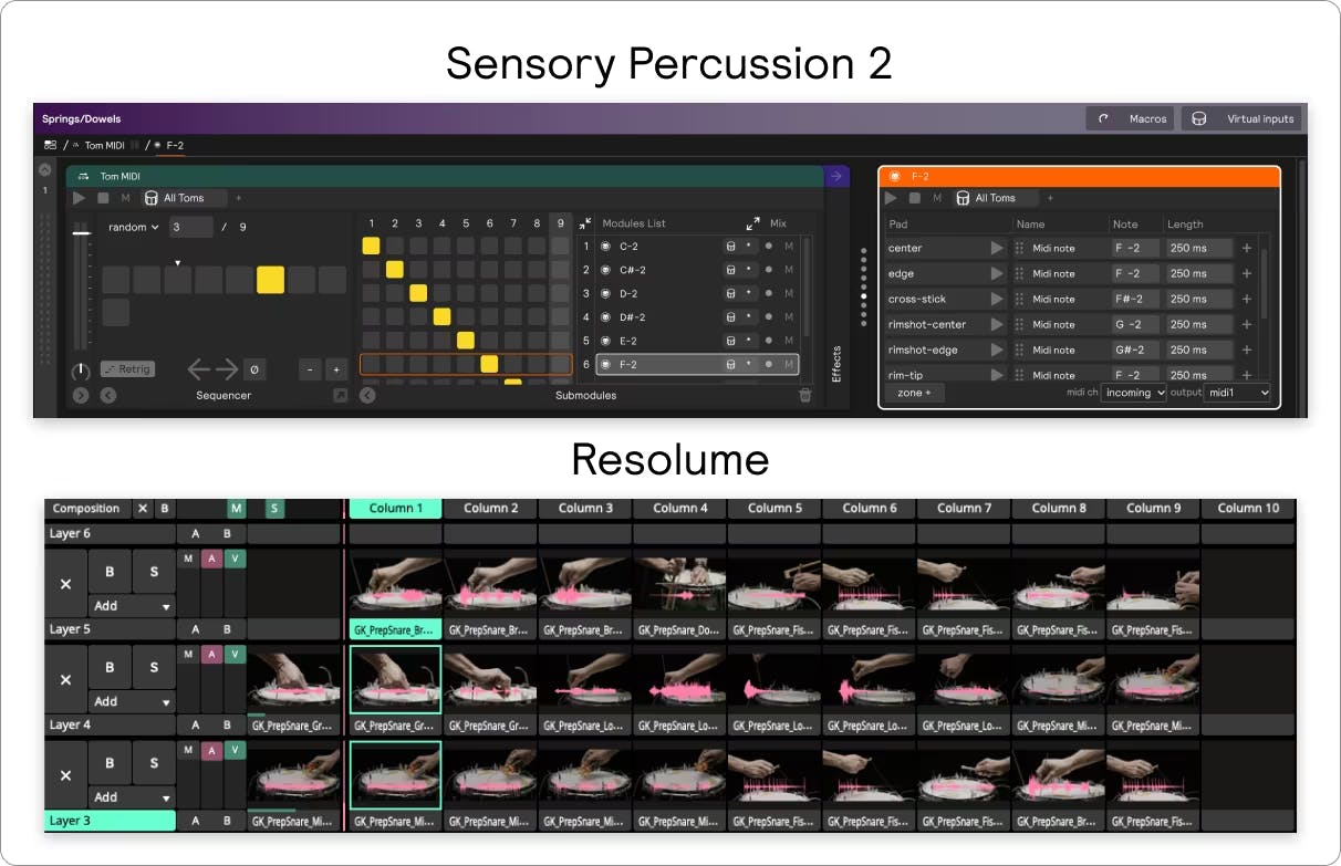 A screenshot showing the Sensory Percussion and Resolume settings used for Springs/Dowels Improv.
