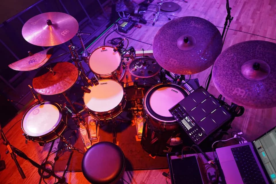 An overhead shot of Shawn Crowder's drum kit with Sensory Percussion connected