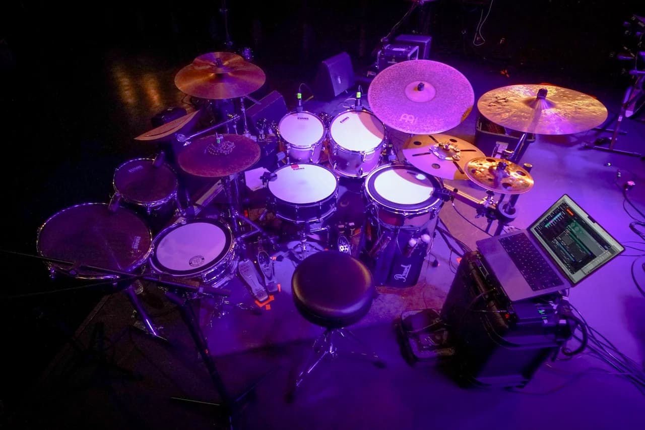 An overhead shot of Shawn Crowder's drum kit with Sensory Percussion connected