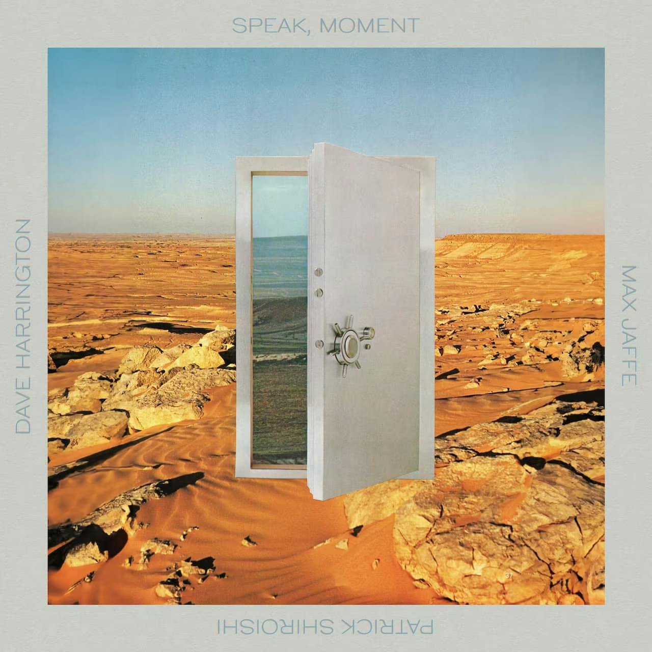 The album cover art for Speak, Moment featuring collage of a an open door on a desert background.