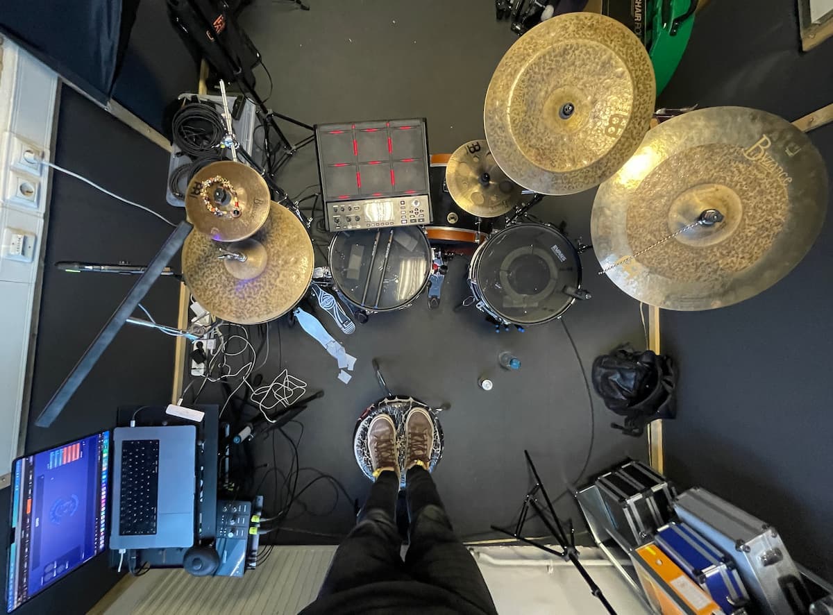 An overhead shot of the durms featuring Sensory Percussion on mesh heads, cymbals, and a Roland SPD-S