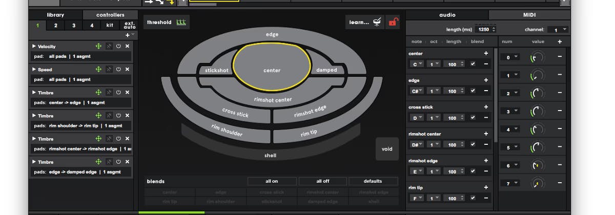 A screenshot of controllers, notes, and CC knobs in Sensory Percussion