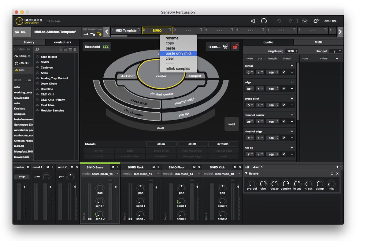 A screenshot of the new Sensory Percussion paste only midi option