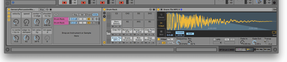 A screenshot of an Ableton Live instrument rack that is controlled by Sensory Percussion