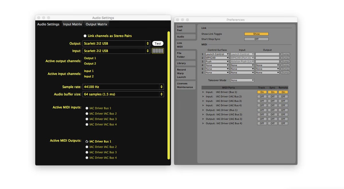 A screenshot of the Sensory Percussion and Ableton settings panels