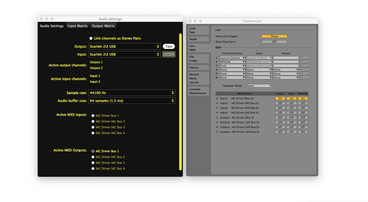 A screenshot of the Sensory Percussion and Ableton settings panels