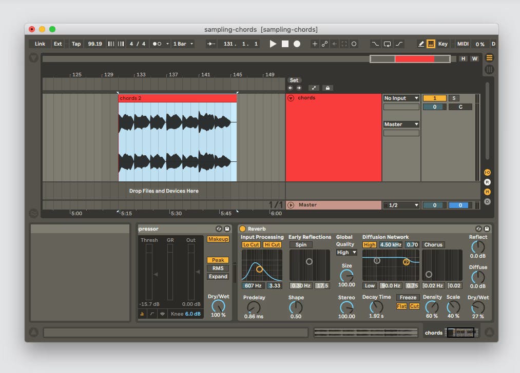 a screenshot of a single track of waveforms in Ableton, with reverb and compression added to the effects section